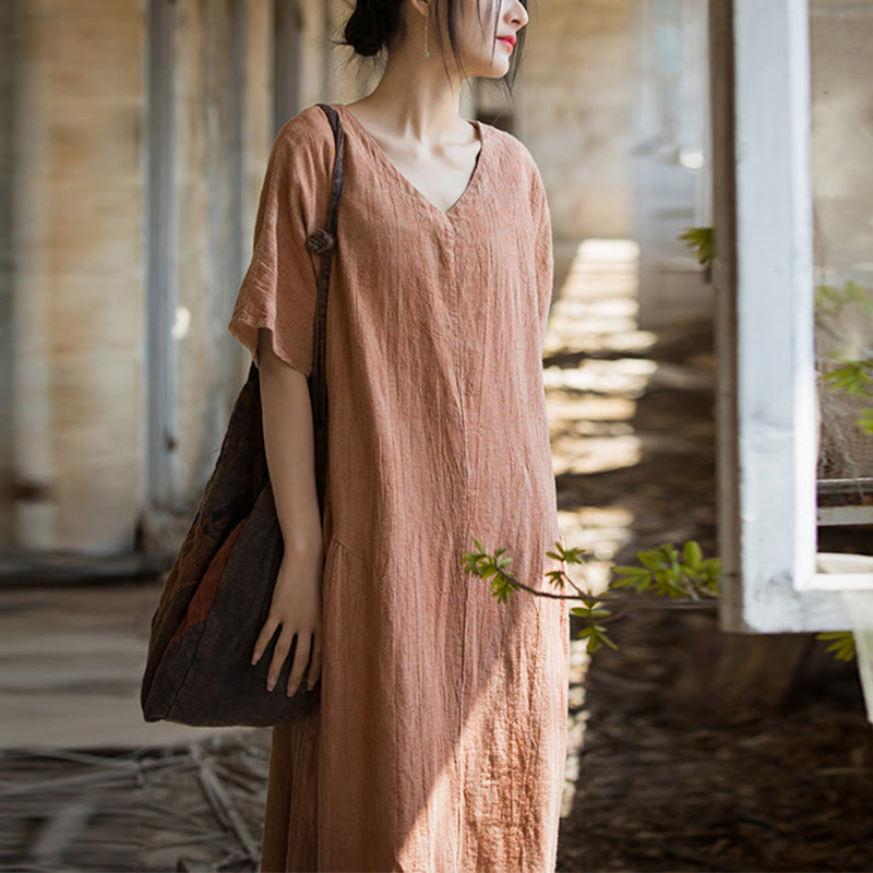Nimara Ritual Handmade Tie Dye V-Neck Midi Dress Linen Short Sleeve Dress