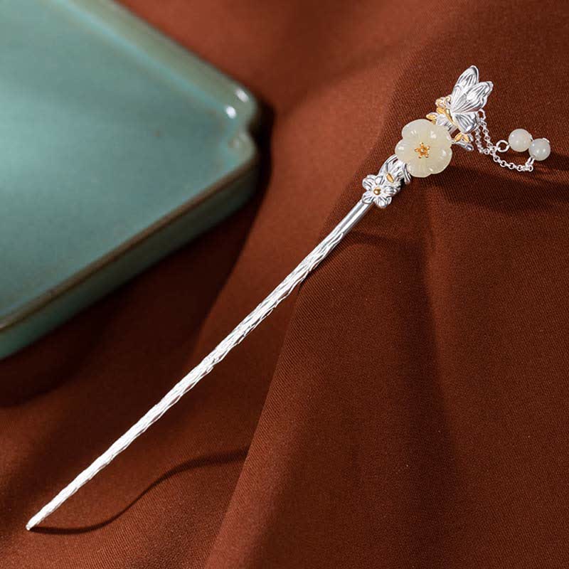 Nimara Ritual 925 Sterling Silver Hetian White Jade Flower Blessing Hairpin