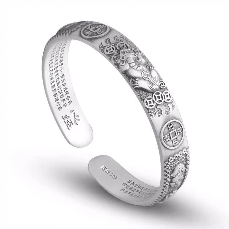 Nimara Ritual Tibetan PiXiu Heart Sutra Coin White Copper Wealth Bracelet Adjustable Bangle
