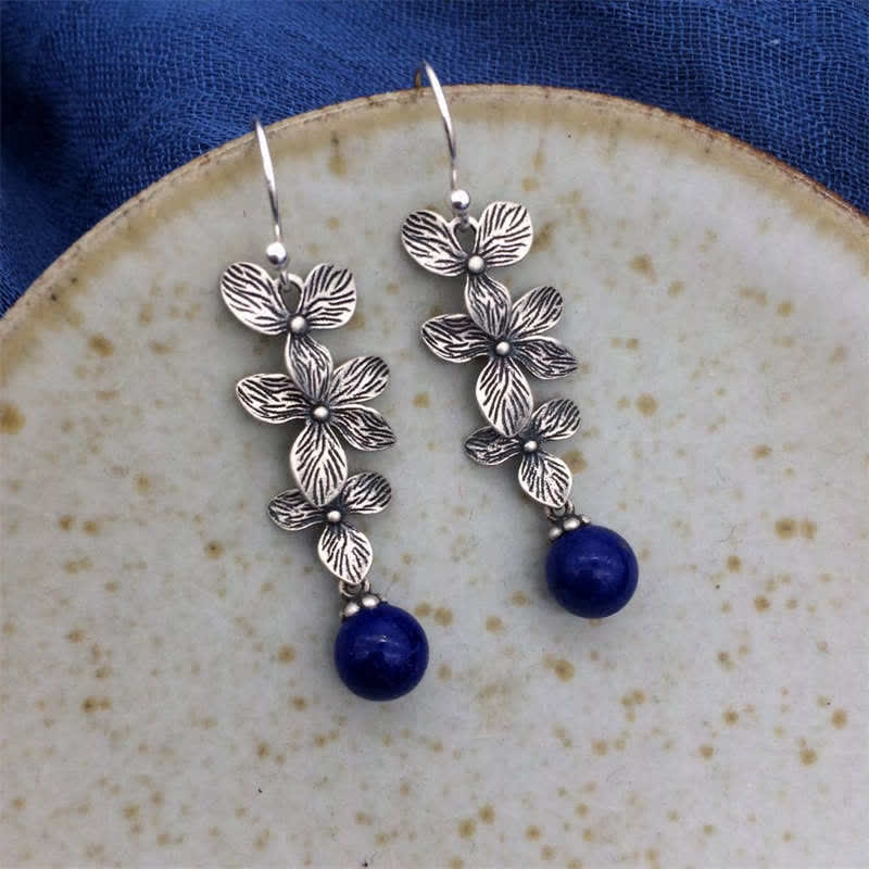 Nimara Ritual 925 Sterling Silver Turquoise Lazurite Flower Leaf Serenity Protection Hook Drop Dangle Earrings