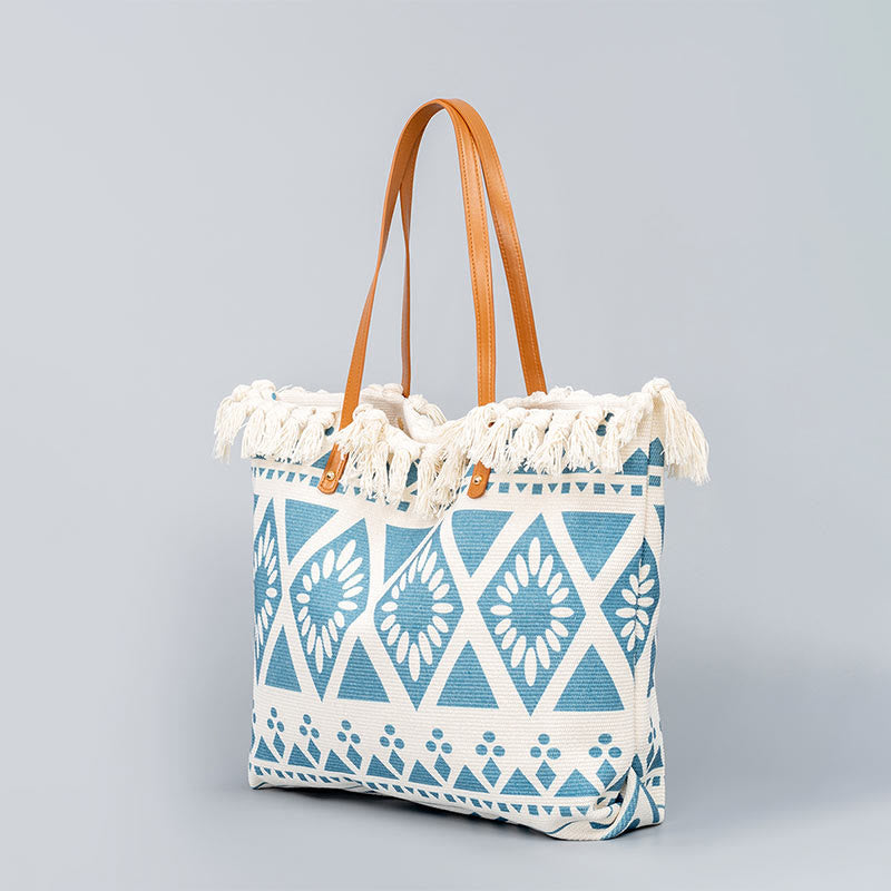 Nimara Ritual Large Capacity Boho Geometry Print Tassel Canvas Tote Shoulder Bag
