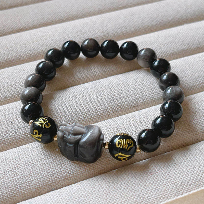 Nimara Ritual Natural Silver Sheen Obsidian Black Obsidian Om Mani Padme Hum Pixiu Protection Bracelet
