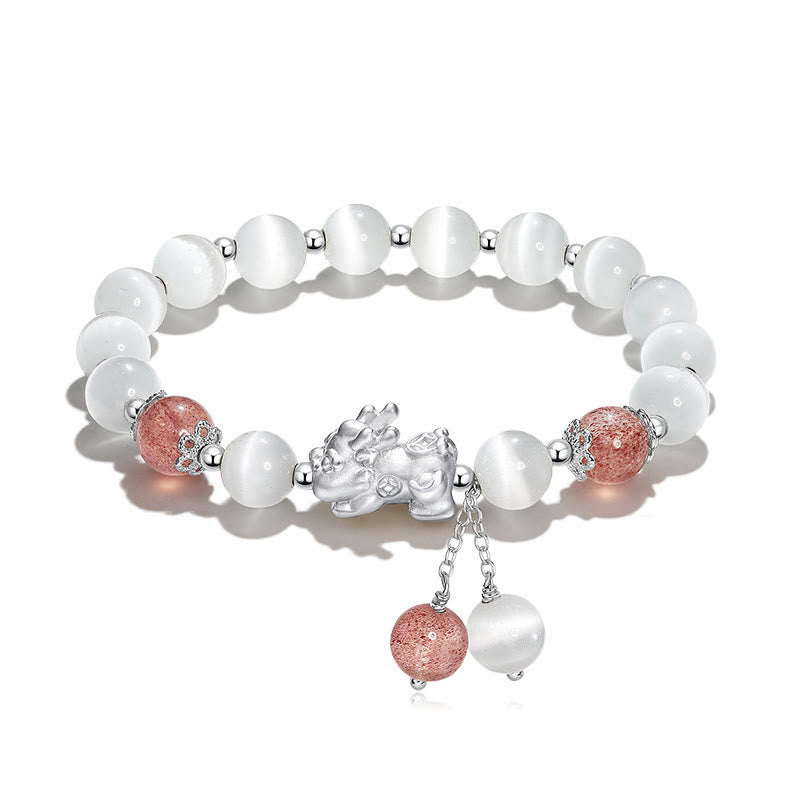 Nimara Ritual Natural Cat's Eye Moonstone Strawberry Quartz PiXiu Support Bracelet