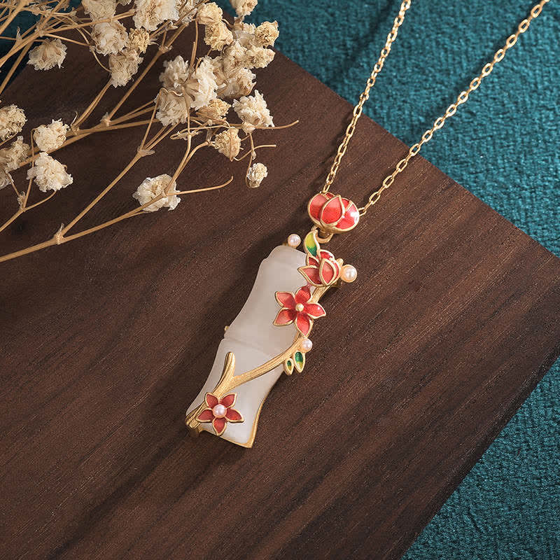 Nimara Ritual White Jade Bamboo Lotus Flowers Luck Protection Necklace Pendant