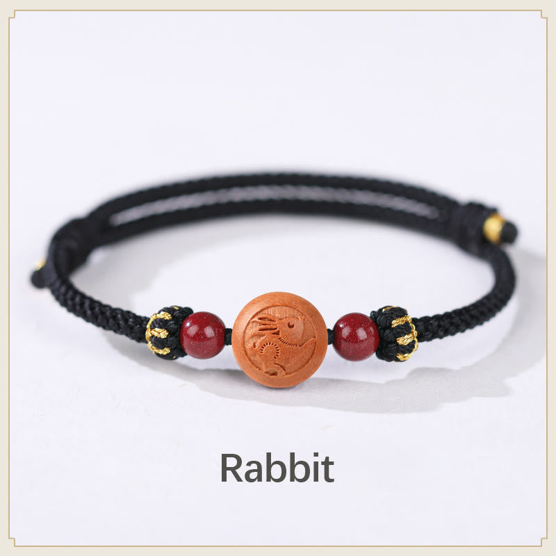Nimara Ritual Natural Peach Wood Chinese Zodiac Fu Character Carved Cinnabar Wealth Bracelet