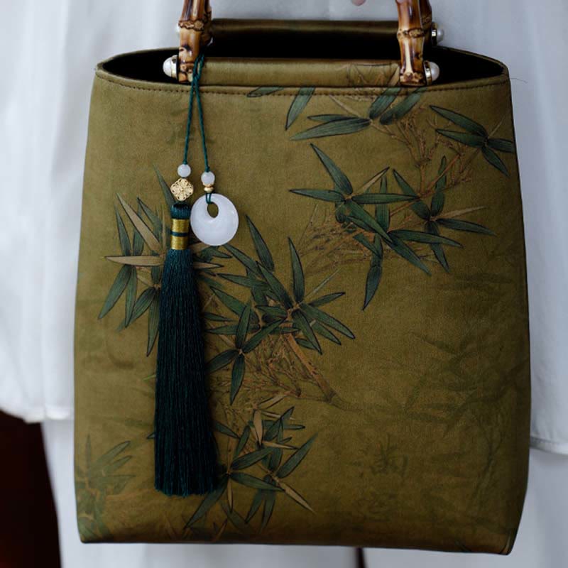 Nimara Ritual Yellow Green Bamboo Leaves Bamboo Handles Handbag