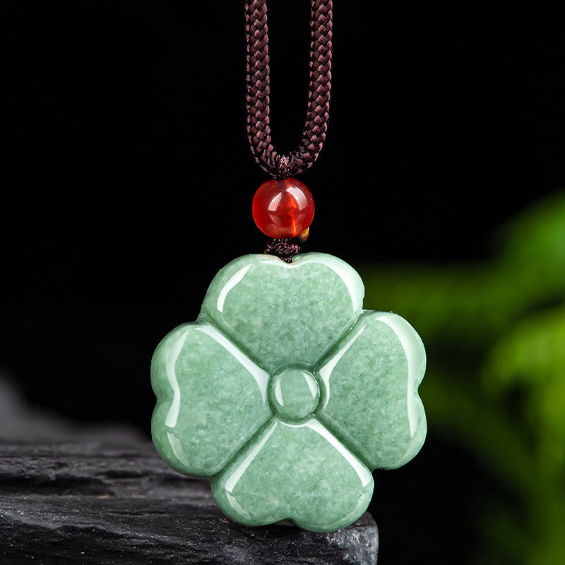 Nimara Ritual Natural Lucky Four Leaf Clover Jade Prosperity Necklace Pendant