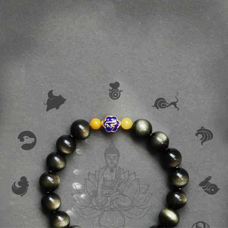 Nimara Ritual 925 Sterling Silver Chinese Zodiac Natal Buddha Natural Gold Sheen Obsidian Amber Wealth Protection Bracelet