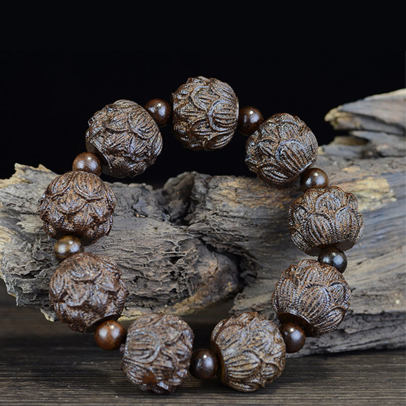Nimara Ritual Ebony Wood Eighteen Arhats Lotus Dragon Engraved Balance Bracelet