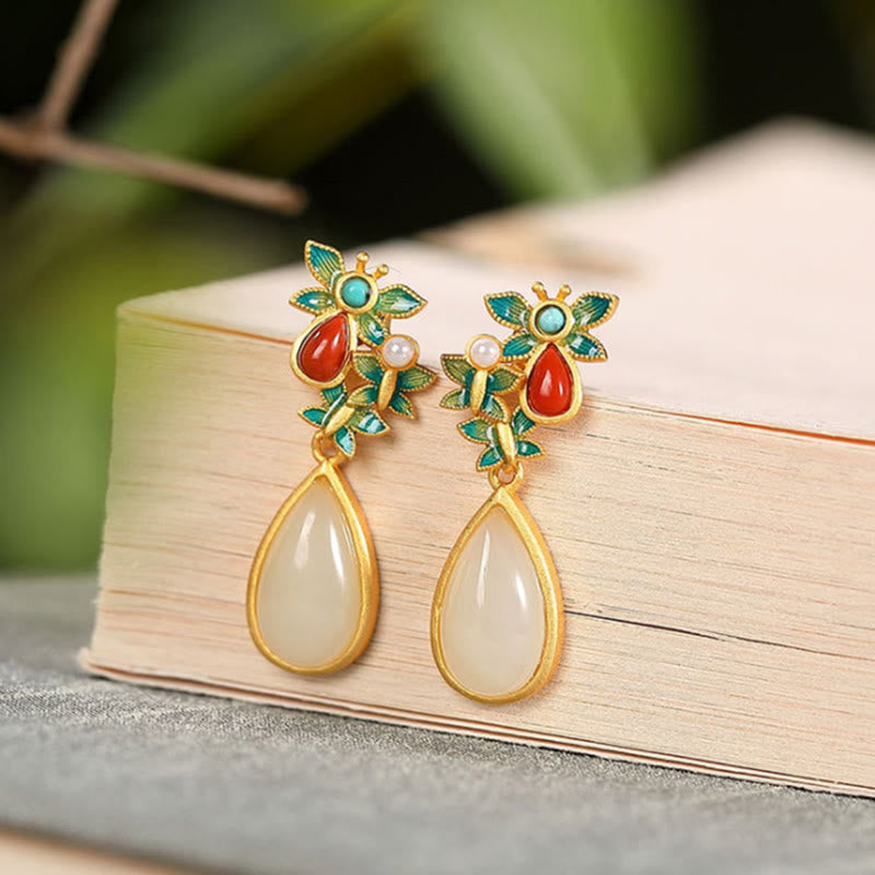 Nimara Ritual Water Drop White Jade Red Agate Butterfly Protection Drop Dangle Earrings