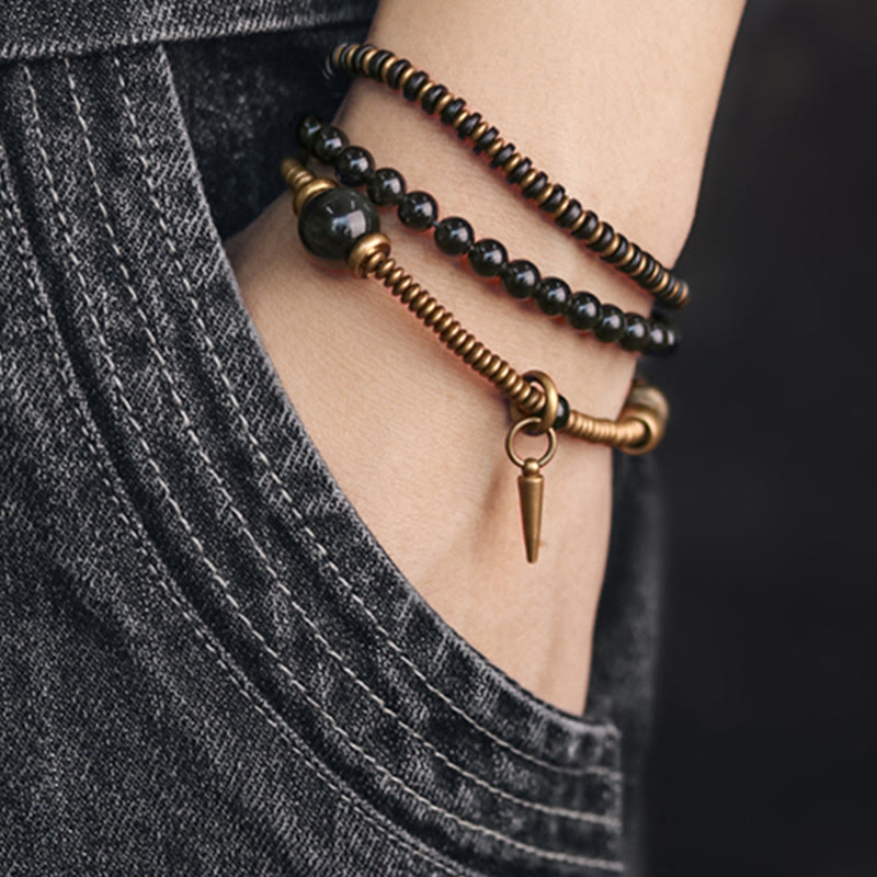 Nimara Ritual Rainbow Obsidian Ebony Wood Copper Healing Triple Wrap Bracelet