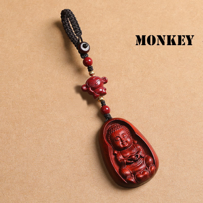 Nimara Ritual Small Leaf Red Sandalwood Buddha Cinnabar Chinese Zodiac Amulet Protection Key Chain