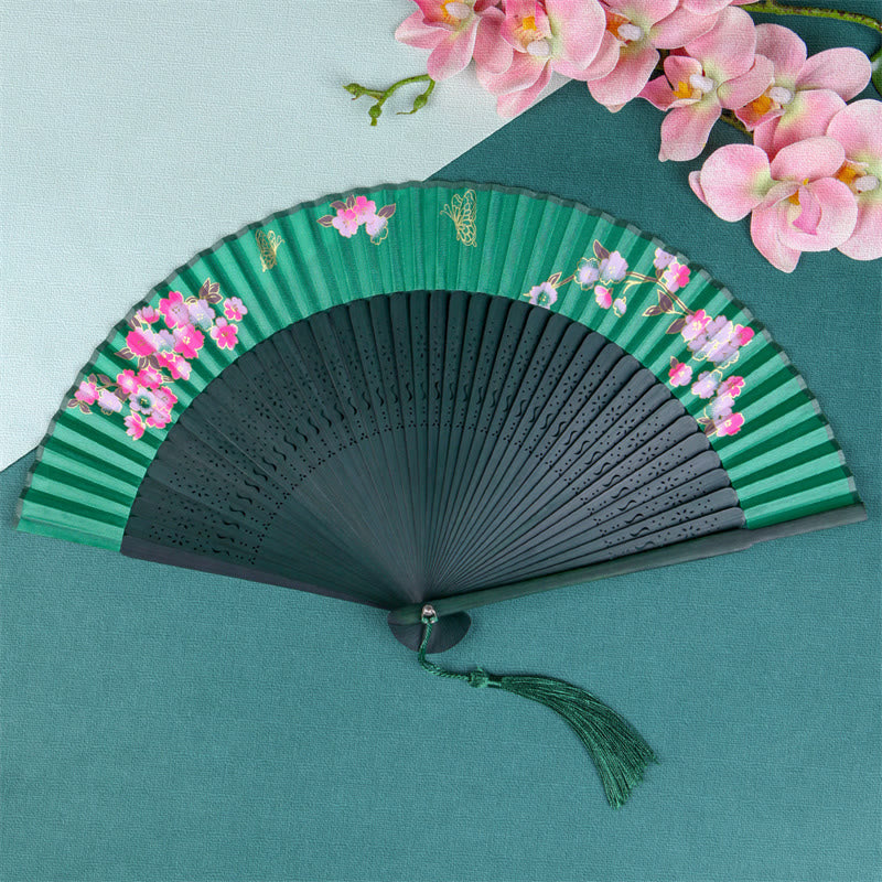 Nimara Ritual Cherry Blossom Sakura Camellia Handheld Silk Bamboo Folding Fan 21cm