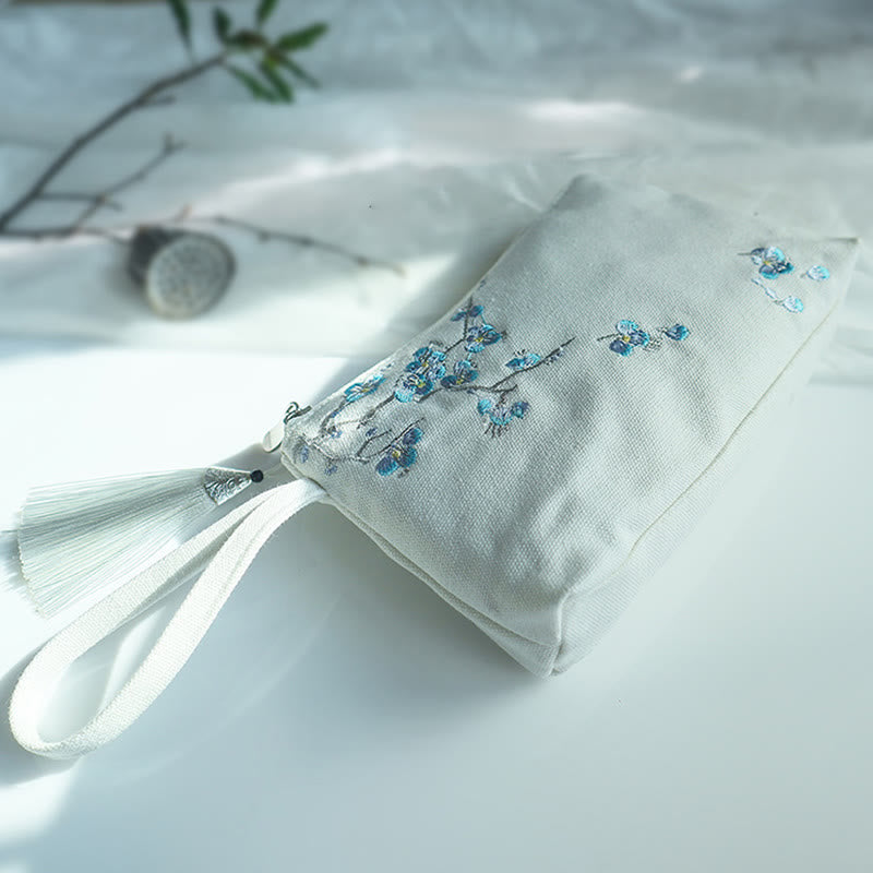 Nimara Ritual Small Flower Plum Cherry Crane Peach Blossom Embroidery Canvas Wallet Shopping Purse