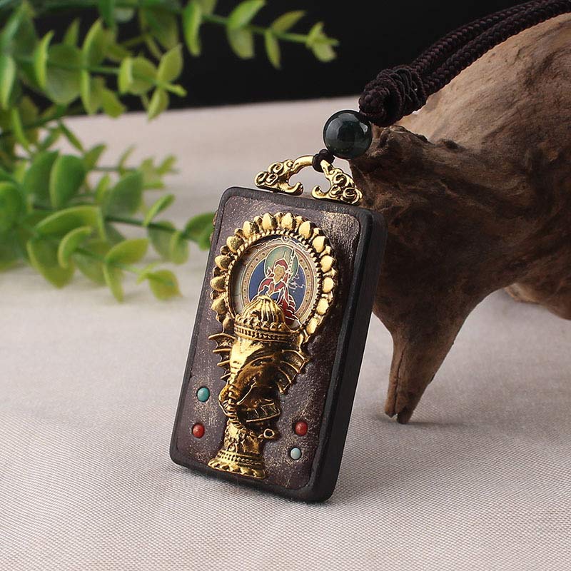 Nimara Ritual Ebony Wood Elephant God of Fortune Buddha Blessing Necklace String Pendant
