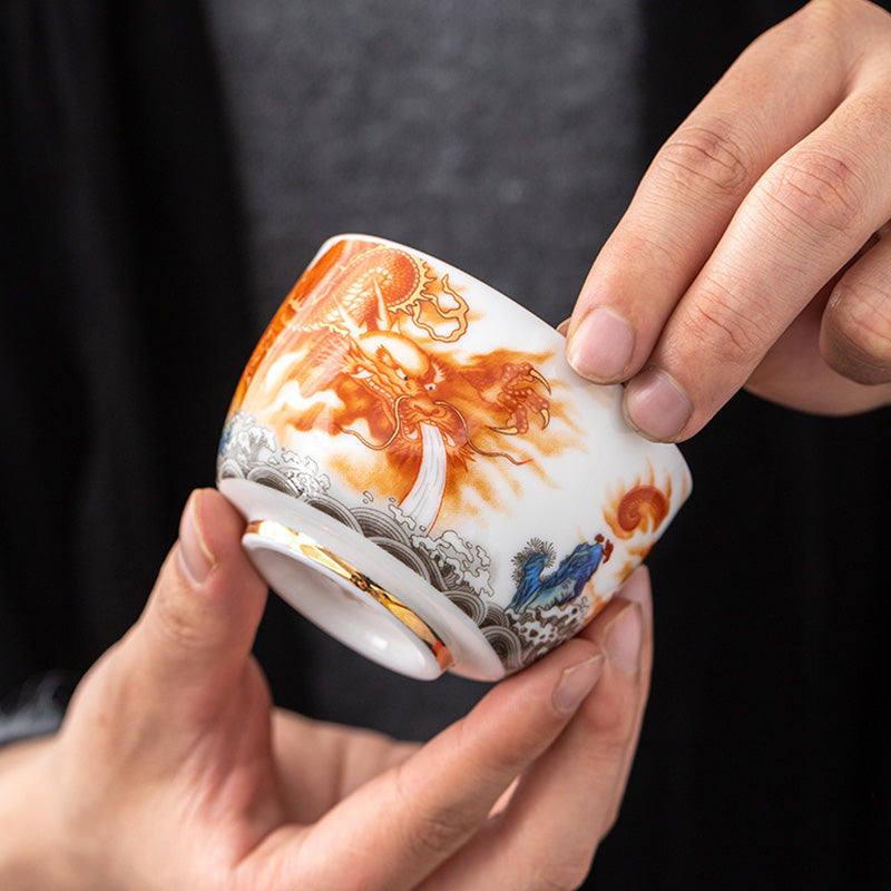 Nimara Ritual Dragon Phoenix Crane Sun Ocean Waves Gilt Ceramic Teacup Kung Fu Tea Cup 170ml