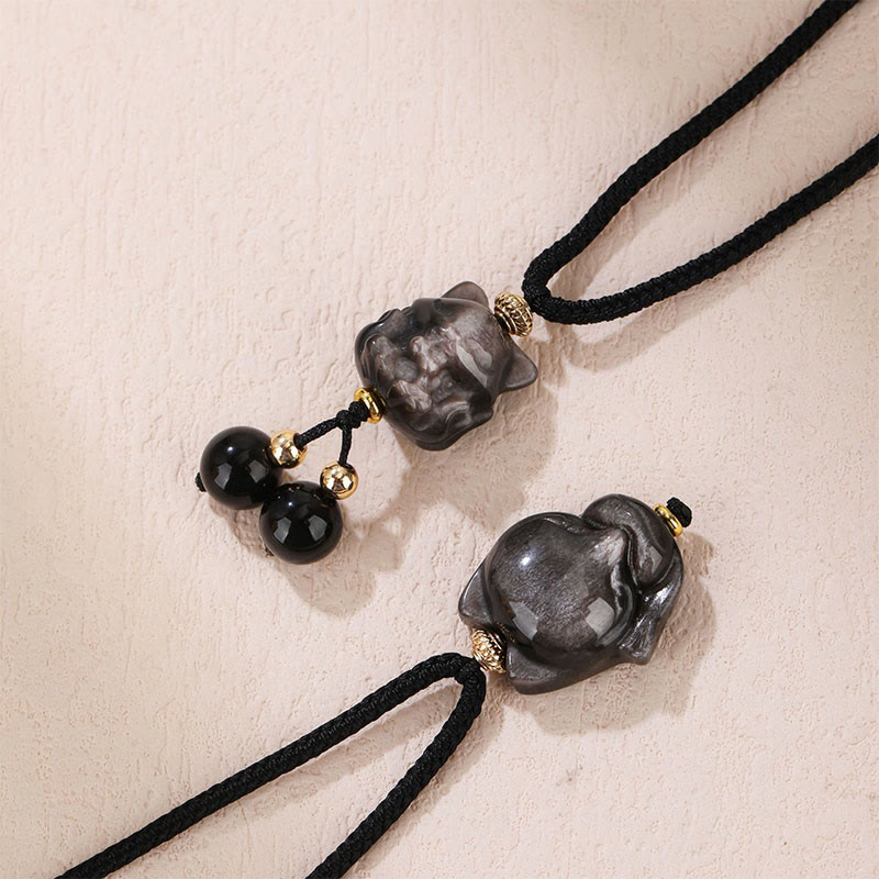 Nimara Ritual Natural Silver Sheen Obsidian Nine Tailed Fox Protection Necklace Pendant