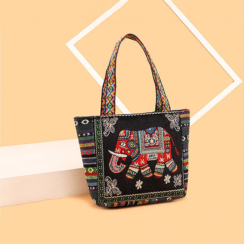 Nimara Ritual Elephant Butterfly Embroidered Large Capacity Canvas Tote Bag Shoulder Bag