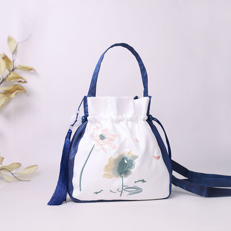 Nimara Ritual Embroidered Lotus Koi Fish Crane Camellia Cotton Linen Tote Crossbody Bag Shoulder Bag Handbag