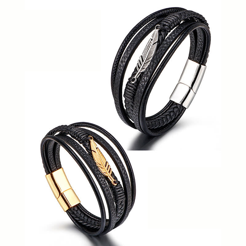 Nimara Ritual Feather Pattern Multilayer Leather Titanium Steel Calm Braided Magnetic Buckle Bracelet