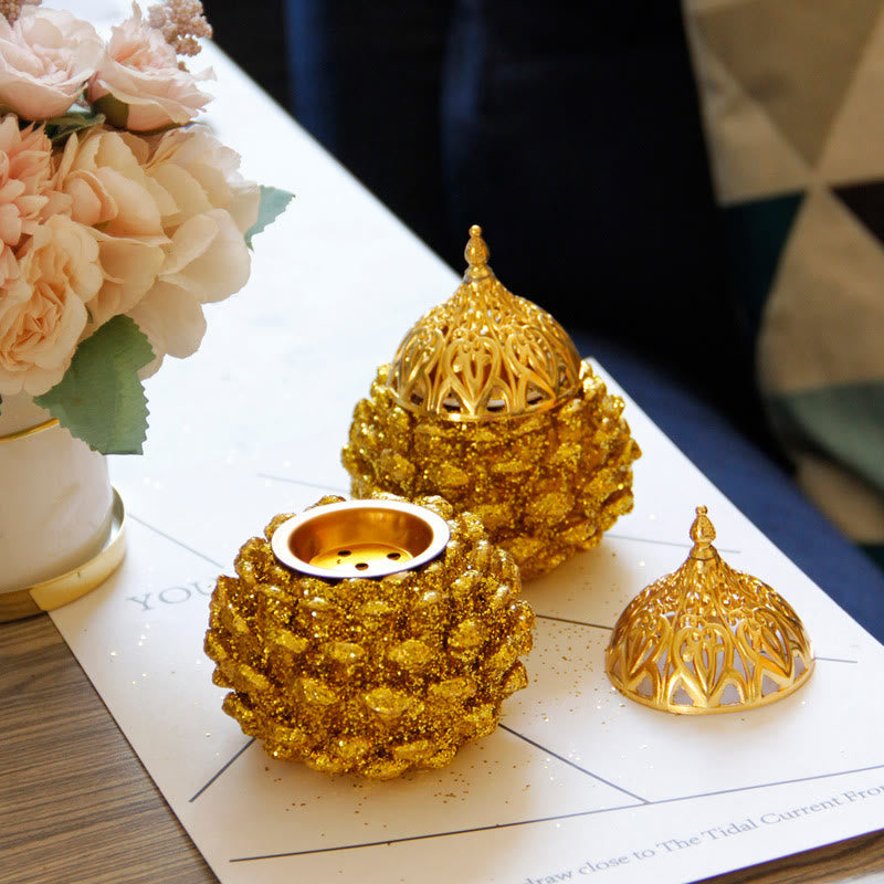 Nimara Ritual Gold Pine Cone Pattern Spiritual Rituals Mini Incense Burner Home Tabletop Decor