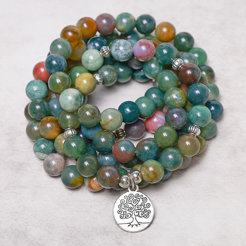 Nimara Ritual 108 Mala Beads Indian Agate Lotus OM Buddha Tree of life Positive Calm Bracelet