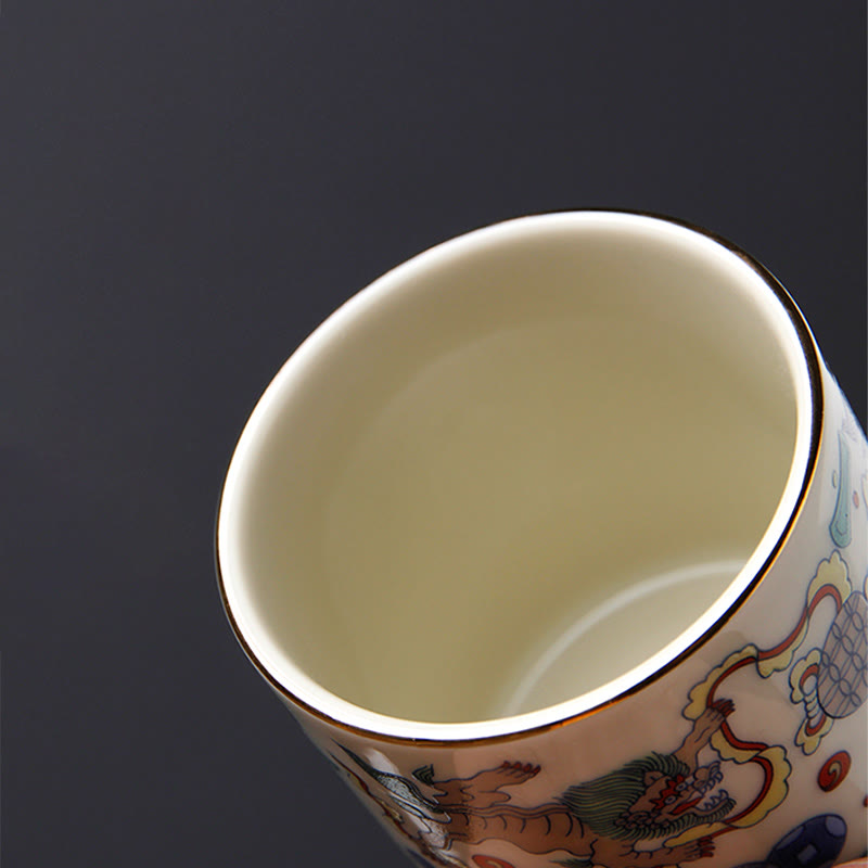Nimara Ritual Vintage Plum Blossom Pine Bamboo Phoenix Kirin Lion Dancing Ceramic Teacup Tea Cups