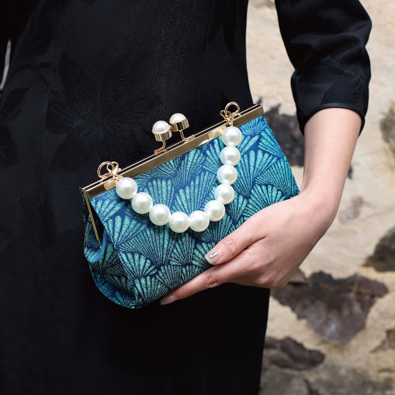 Nimara Ritual Vintage Peacock Blue Leaf Pattern Pearl Metal Handbag