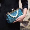 Nimara Ritual Vintage Peacock Blue Leaf Pattern Pearl Metal Handbag