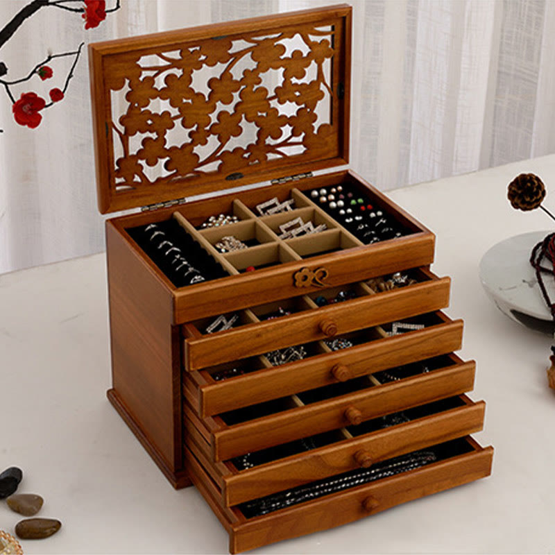 Nimara Ritual Vintage Plum Blossom Carved Wooden Jewelry Box Six-Layer Jewelry Storage Box