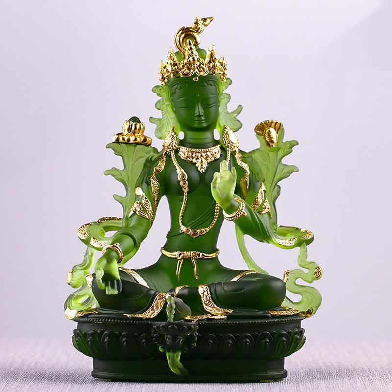 Nimara Ritual Bodhisattva Green Tara Handmade Liuli Crystal Art Piece Protection Home Office Statue Decoration