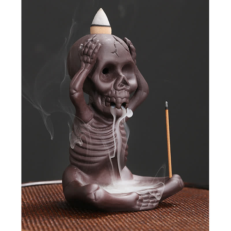 Nimara Ritual Little Skull Ghost Purple Clay Backflow Smoke Fountain Peace Incense Burner Decoration