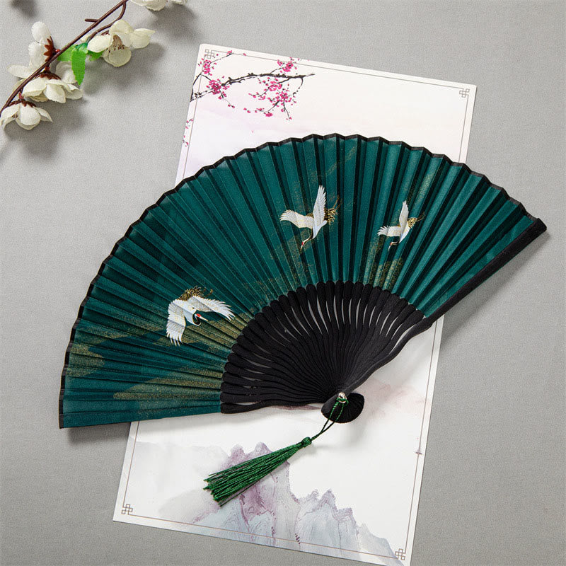 Nimara Ritual Flying White Crane Sun Cloud Handheld Silk Bamboo Folding Fan 22cm