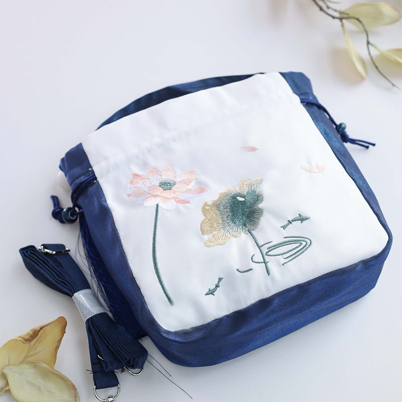Nimara Ritual Embroidered Lotus Koi Fish Crane Camellia Cotton Linen Tote Crossbody Bag Shoulder Bag Handbag