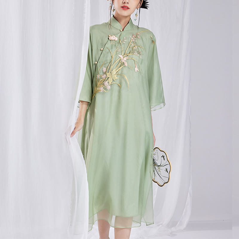 Nimara Ritual 100% Mulberry Silk 6 Momme Dress Vintage Flower Butterfly Embroidery Qipao Dress Women's Cheongsam Dress
