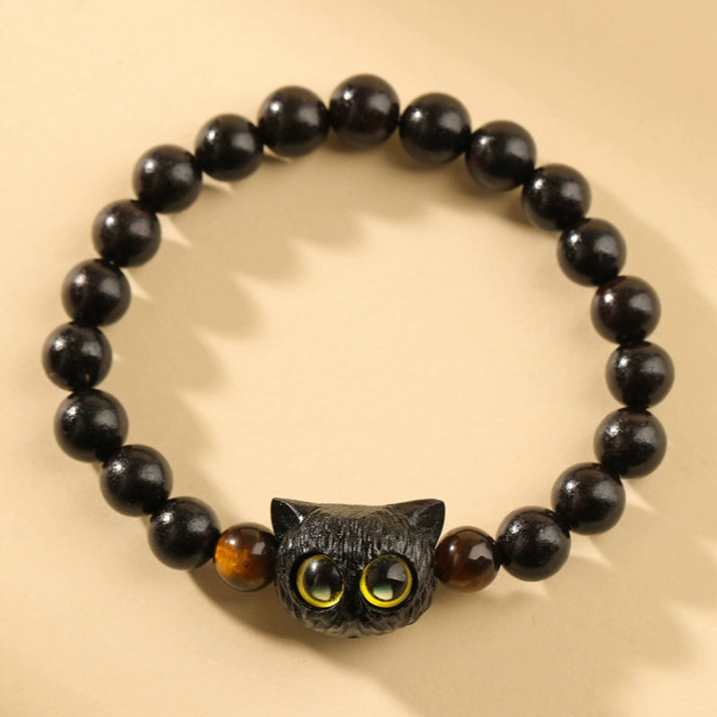 Nimara Ritual Cute Ebony Wood Cat Head Pattern Peace Bracelet