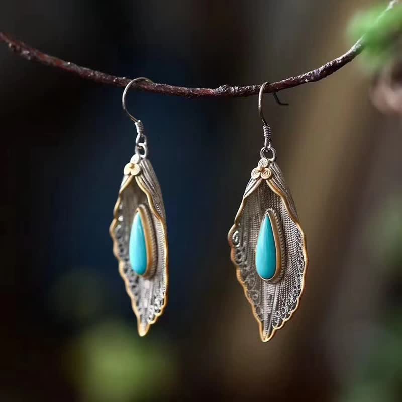 Nimara Ritual 925 Sterling Silver Turquoise Bodhi Leaf Pattern Protection Drop Dangle Earrings