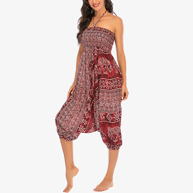 Nimara Ritual Two Style Wear Elephant Pattern Loose Smocked Harem Trousers Jumpsuit Women's Yoga Pants