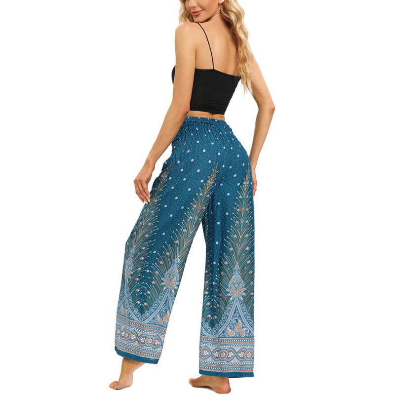 Nimara Ritual Boho Peacock Feathers Lace-up Wide Leg Pants Women's Yoga Pants