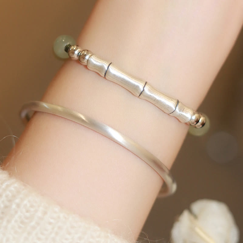 Nimara Ritual 925 Sterling Silver Natural Jade Fu Character Bamboo Abundance Bracelet