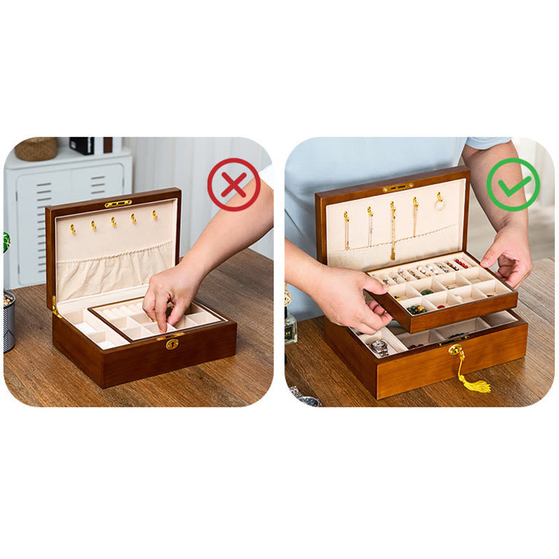 Nimara Ritual Vintage Wooden Jewelry Box Two-Layer Solid Wood Jewelry Storage Box