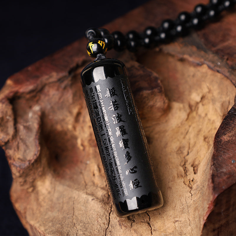 Nimara Ritual Natural Black Obsidian Heart Sutra Purification Necklace Pendant