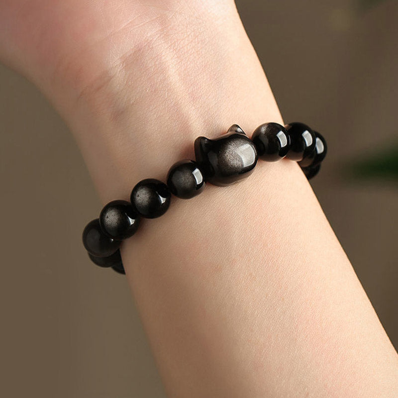 Nimara Ritual Gold Sheen Obsidian Silver Sheen Obsidian Lovely Paw Lucky Cat Protection Bracelet