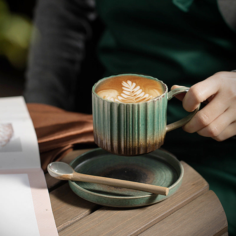 Nimara Ritual Retro Striped Kiln Change Ceramic Coffee Mug Rough Pottery Tea Coffee Cup With Saucer 250ml