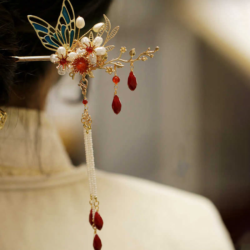 Nimara Ritual Classical Chinese Style Flower Branche Butterfly Pearl Tassel Hair Clip Hair Comb Hair Crown
