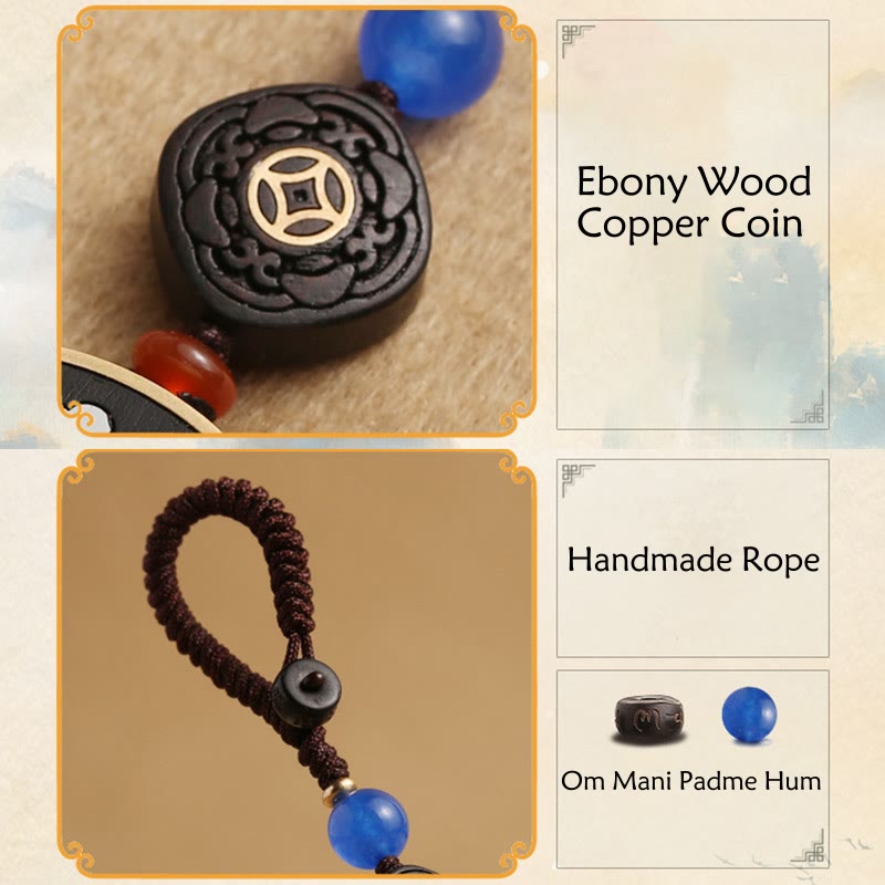 Nimara Ritual PiXiu Copper Coin Ebony Wood Luck Attract Wealth Key Chain Decoration