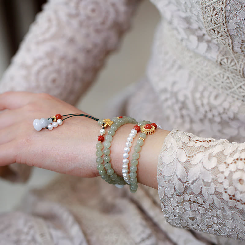 Nimara Ritual 925 Sterling Silver Plated Gold Natural Hetian Jade Pearl Butterfly Gourd Luck Bracelet