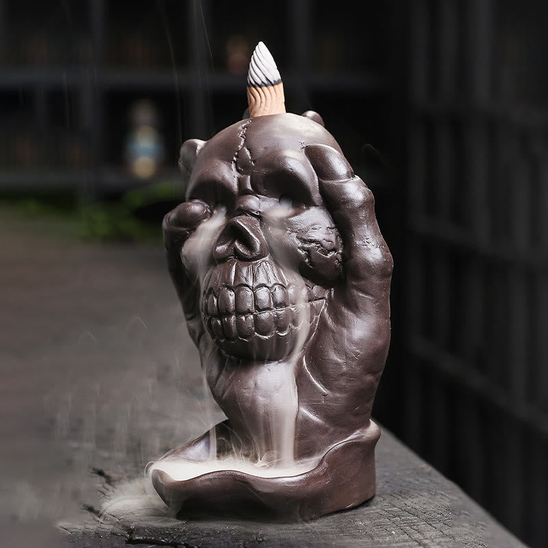 Nimara Ritual Halloween Skull With Ghost Hand Purple Clay Spiritual Incense Burner Decoration