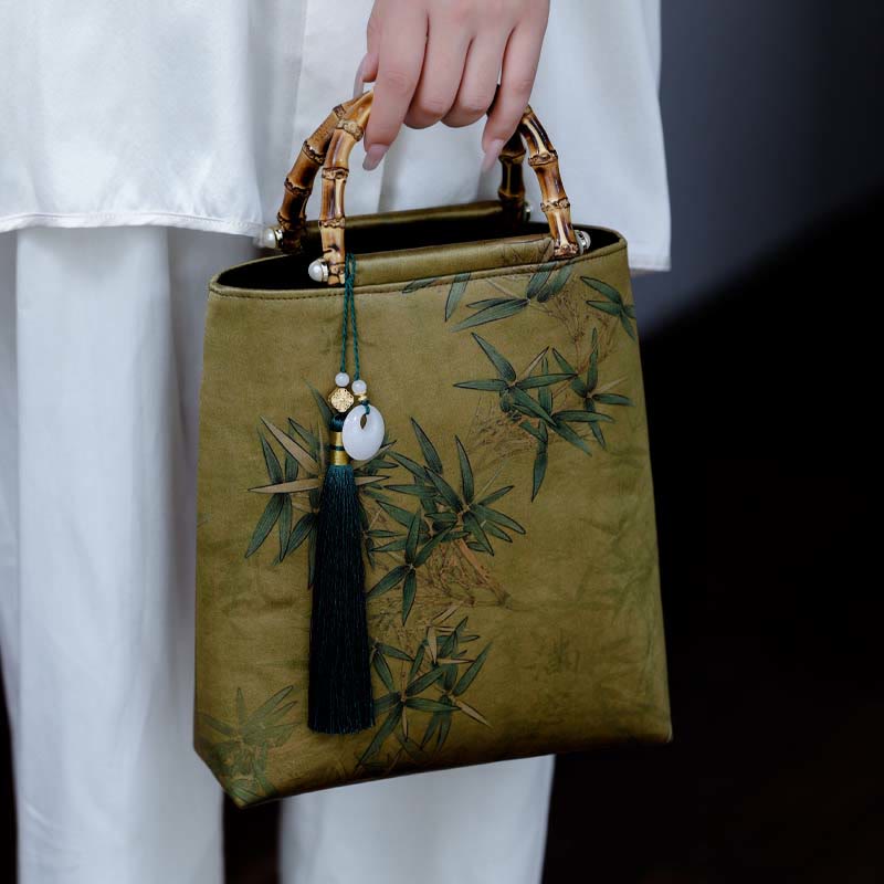 Nimara Ritual Yellow Green Bamboo Leaves Bamboo Handles Handbag