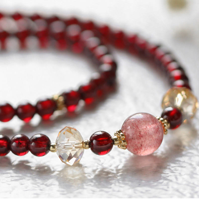 Nimara Ritual 14K Gold Plated Natural Garnet Strawberry Quartz Stability Double Wrap Bracelet